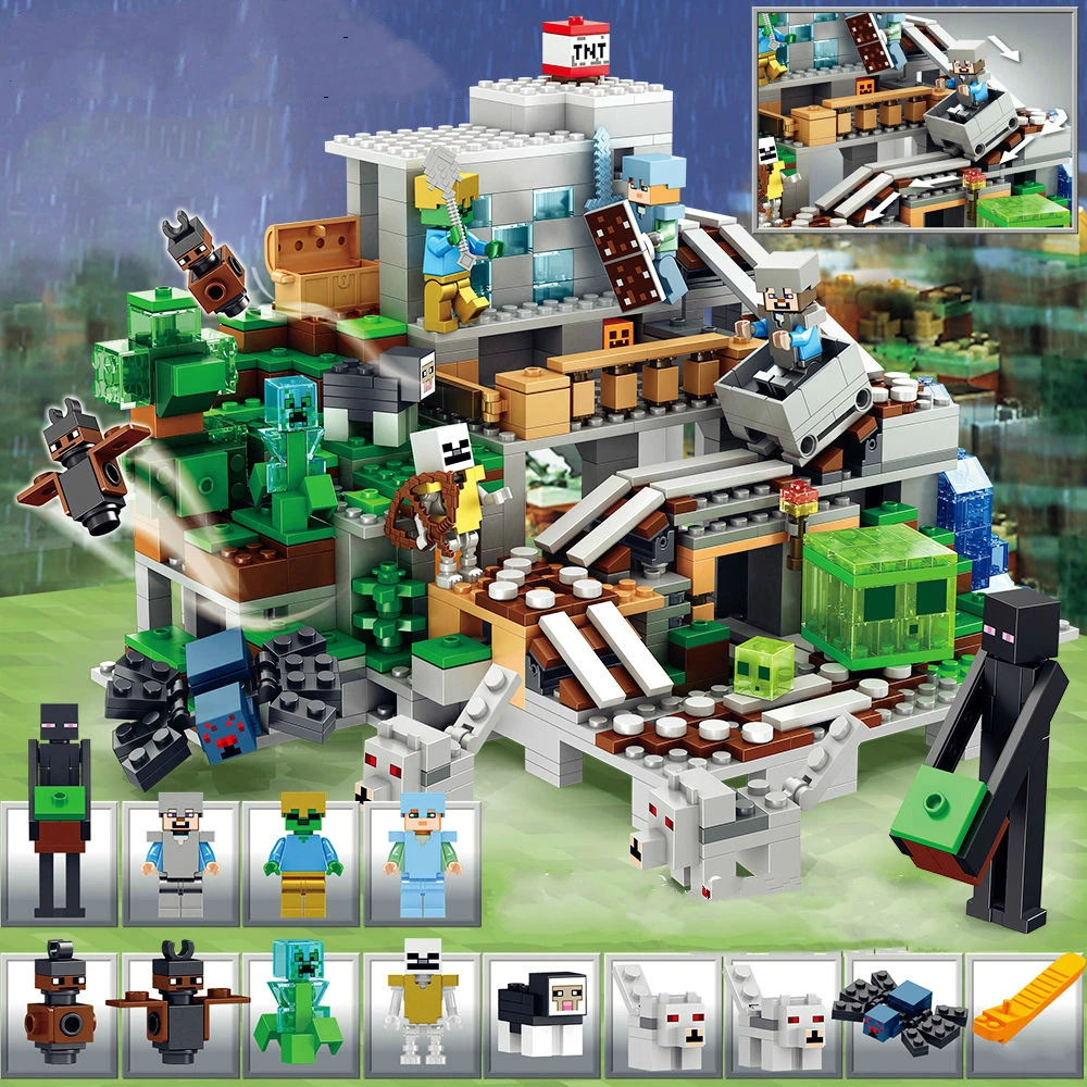 

Creative Building Blocks World Model Compatible Legoingly Minecrafted Mountain Cave With Elevator Bricks Toys For Children