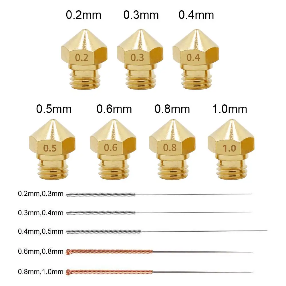 3D Printer MK10 Nozzle 8Pcs M7 Brass Extruder Hotend Nozzles 0.2/0.3/0.4/0.5/0.6/0.8/1.0mm & 5pcs Cleaning Needles fit 1.75mm |