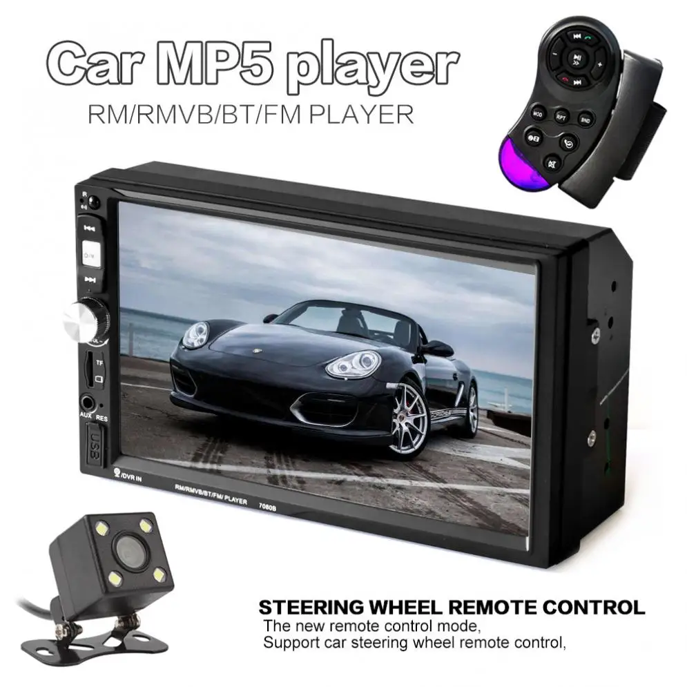 

7 Inch HD 2 Din Bluetooth Car Audio Stereo FM MP5 Player with Touch Screen and Rearview Camera AUX / USB / TF / Phone