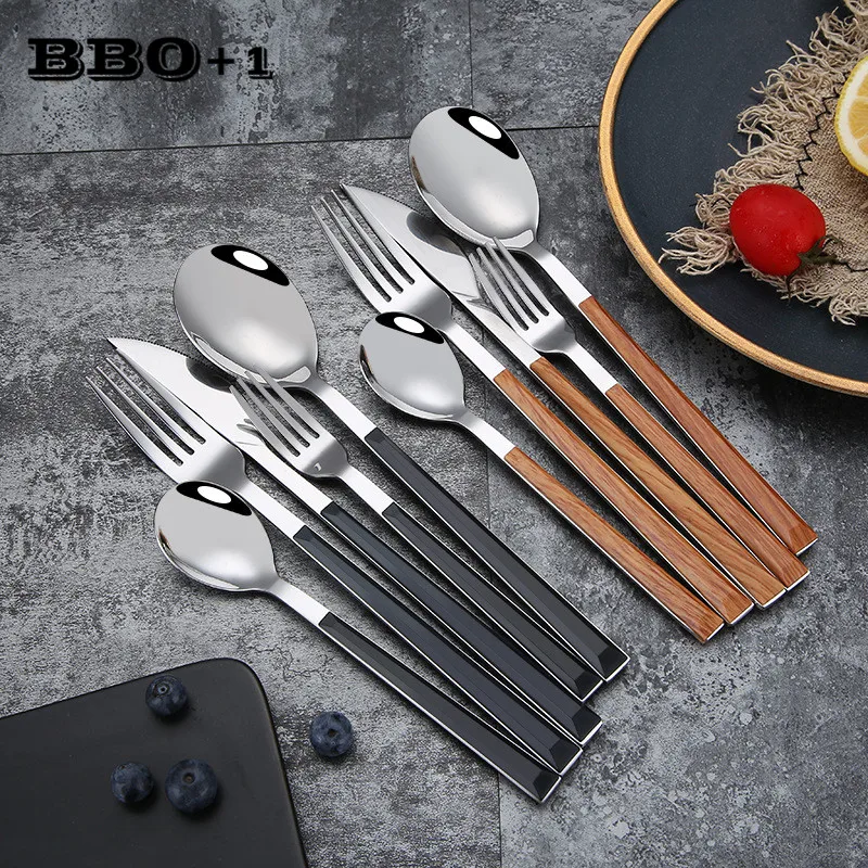 

5pcs Stainless Steel Dinnerware Set Imitation Wood Handle Tableware Western Portable Cutlery Set Knife Fork Spoon Christmas Gift