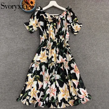 

Svoryxiu Runway Designer Women Summer Floral Print Elegant Vintage Mini Dress Ladies Elastic Waist Off Shoulder Short Dresses