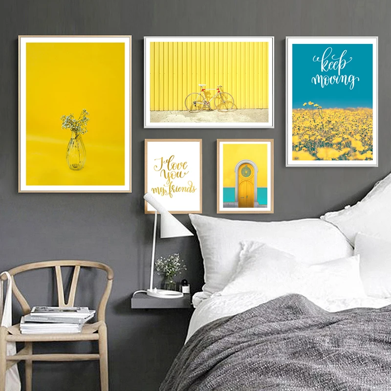 

Nordic Style Yellow and Blue Flower Building Wall Art Cuadros Home Decoration Printed Canvas Posters Prints no frame dropship