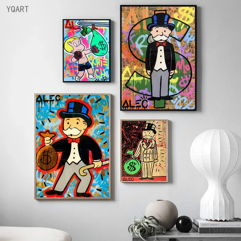 

Modern Graffiti Art Alec Monopoly Canvas Posters and Prints Rich Man with Money Paintings on the Wall for Home Decoration