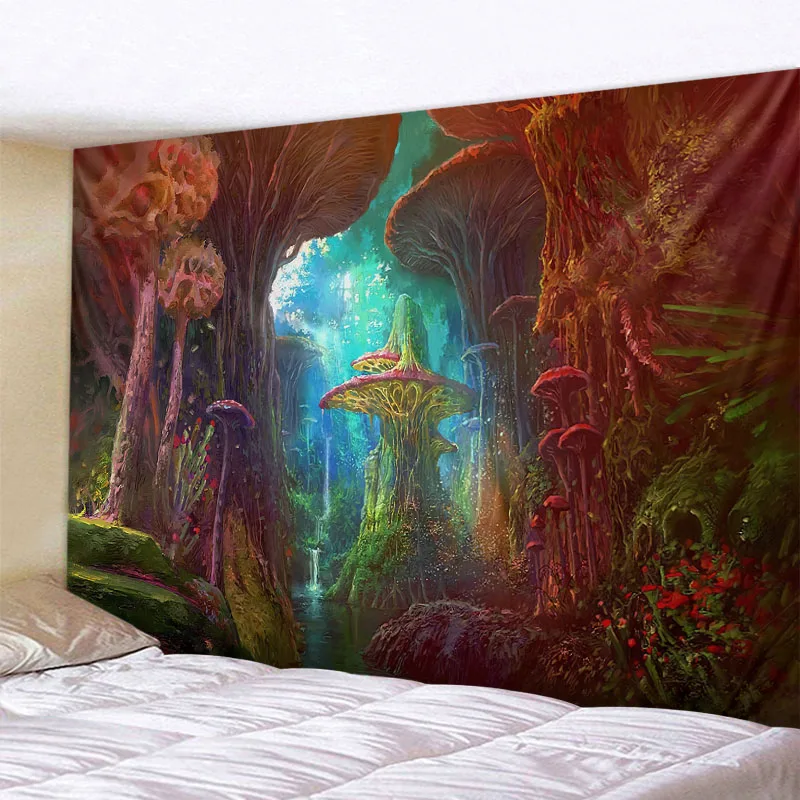 Tapestry Decor Psychedelic Mushroom 3D Printing Tapestry Hippie Fantasy Colorful Art Mandala Bohemian Family Dormitory Wall Decoration