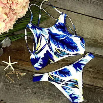 

Female 2pcs Bikini Set New Sexy Summer Lace-up Swimwear Push Up Padded Bra Leaf Pattern Beach Swimming Bathing Suit Fashion Hot