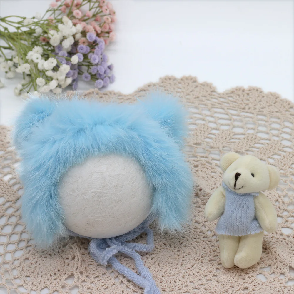 Light Blue Реквизит для фотосъемки новорожденных, костюмы для фотографии, шапка из меха кролика и кукла медведя для детей - Цвет: Light Blue