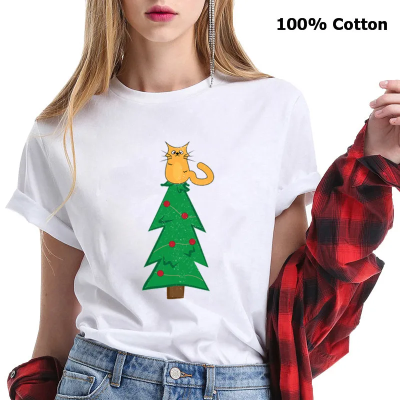 

2019 Fashion Christmas Tree Tshirt Women New Year Family Party Clothes Creative Cat Print Short Sleeve T Shirt Hipster Girl Tees
