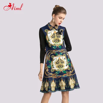 

designer woman autumn luxury custom party dress bow neck Long sleeve Stitching printing Button black Midi vintage dresses