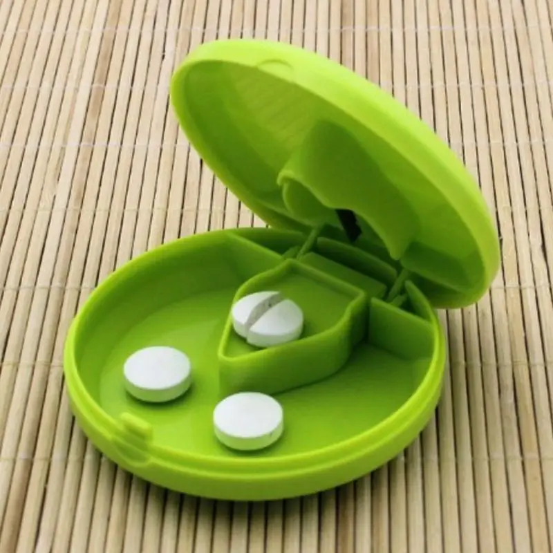 Home Portable Round Shape Pill Splitter Case Medicine Tablet Cutter Holder Doser Divide Storage Compartment Box Safety Shield