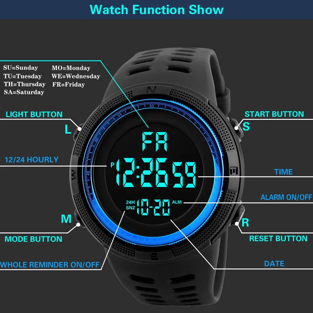 

Top Brand Fashion Multifunction Sports Digital Men Watch Display Date Calendar Week Alarm Unisex Wristwatches Relógio Masculino