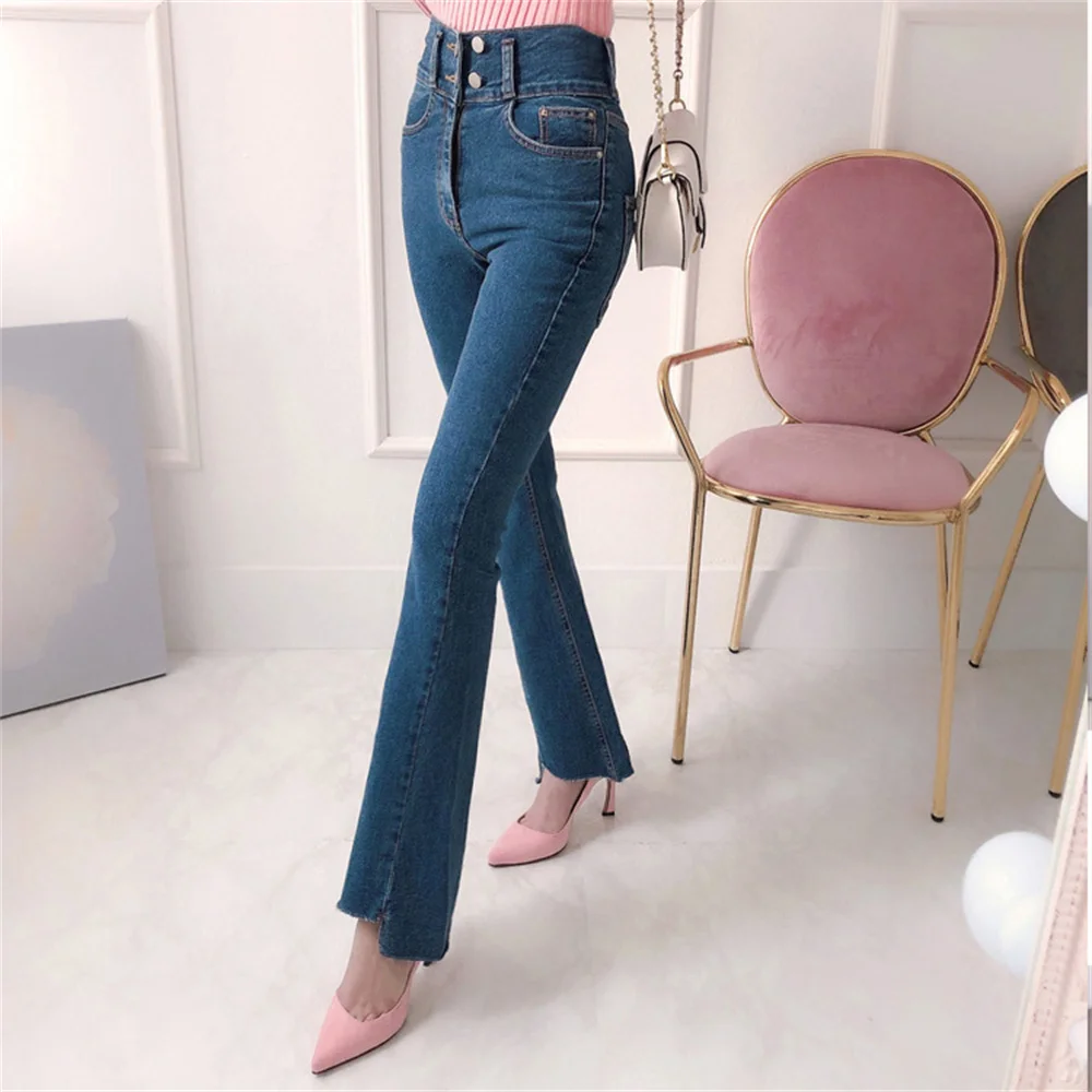 Blue Tassel Denim Flare Pants Slim Jeanswear Elastic Hole Hot OL High Waist Autumn Chic Women New Stylish Trousers
