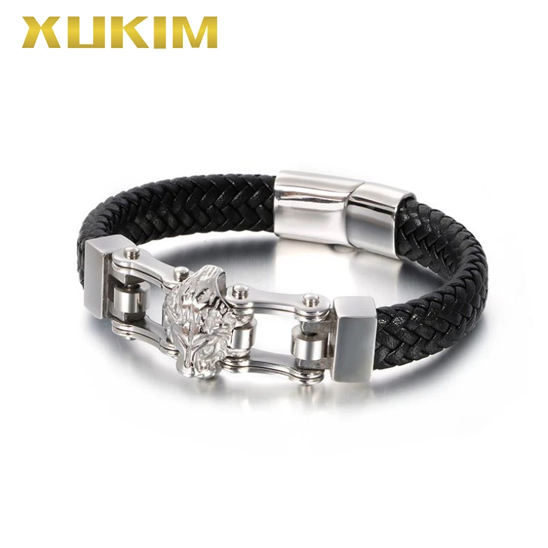 XB401 3 Xukim ювелирные изделия черный кожаный браслет Лев животное волк