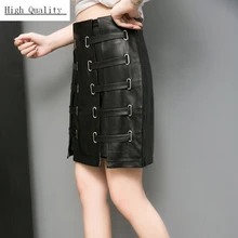 Дизайн юбка со шнуровкой из настоящей овчины женская черная сексуальная юбка с высокой талией из Натуральной Кожи Мотоциклетные прямые свободные юбки