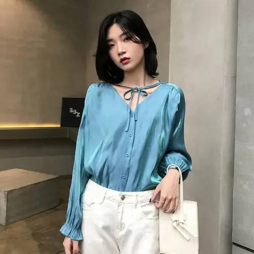 Blue Осень, корейская мода, женские свободные рубашки с длинным рукавом, спереди и сзади, однобортная блузка, топы, женские блузки S430 - Цвет: Blue
