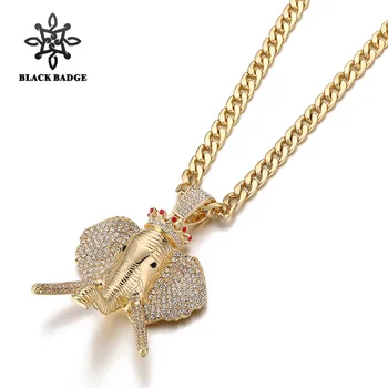 

Elephant Head Gorgeous Crown Pendant Necklace Men Shiny Gold Color Iced Out Chain Necklace Hip Hop Jewelry