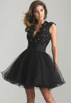 

2016 Sexy A-line V-neck Sequins Sleeveless Open Back Appliques Lace See Through Above Knee Length Cocktail Dresses