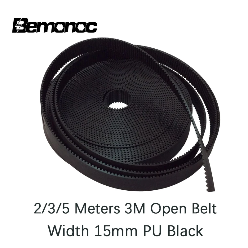 

Bemonoc 2/3/5 Meters HTD 3M Open timing belt Width 15mm Polyurethane Steel PU 3M-15mm HTD3M Synchronous Belt Laser Black Color