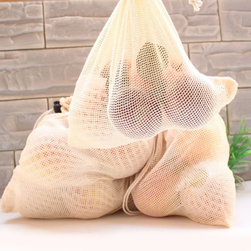 9 Pcs/bag Reusable Cotton Vegetable Bags Kitchen Fruit Storage Mesh Drawstring Bags Premium Organic Cotton Mesh Produce Bags