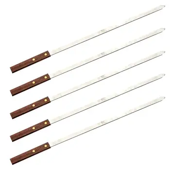 

5Pcs/Pack Stainless Steel BBQ Skewers Reusable Wooden Handle BBQ Fork Long Flat Meat Skewers Sticks BBQ Utensils
