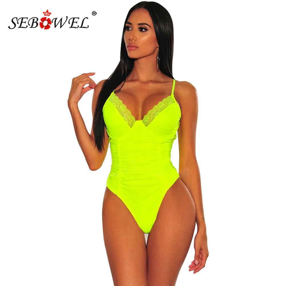 

SEBOWEL Summer Sleeveless Black/Neon Yellow Bustier Lace Ruched Bodysuit for Woman Ladies Bodycon skinny Body Top Romper Clothes