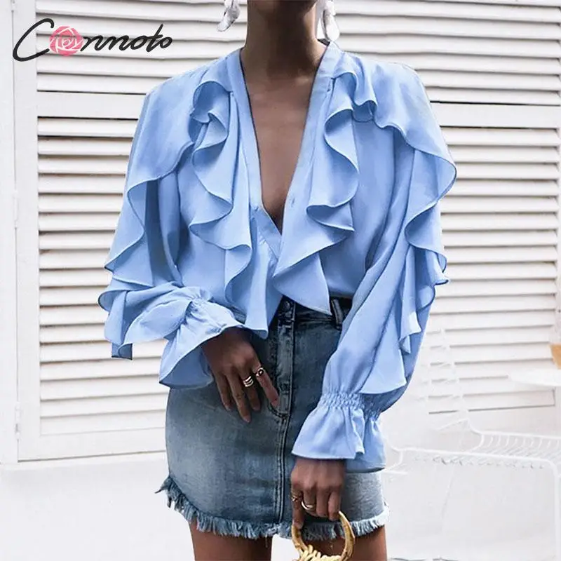  Conmoto Long Sleeve Ruffles Women Blouse Shirts Autumn Winter 2019 Chiffon Blouses Tops Female Whit