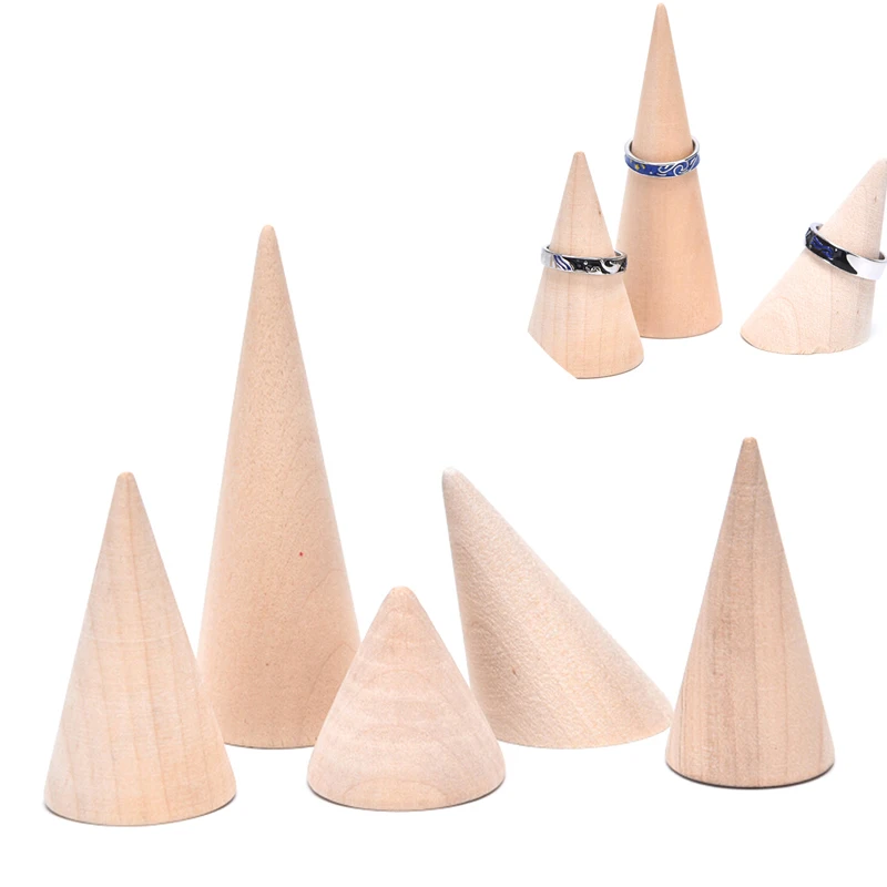 Ring Finger Wooden Cone Showcase Stand Organizer 3Pcs Jewelry Display Holder
