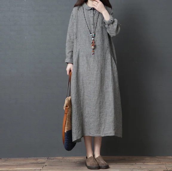 

Spring Clothing New Style 2019 Korean-style Loose And Plus-sized WOMEN'S Dress Fashion Plaid Linen Shirt Dress Women's