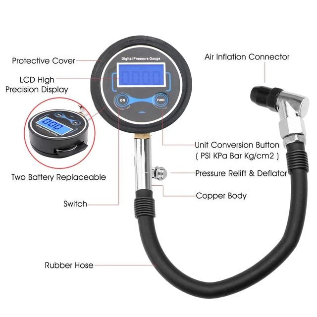 Jauge de pression d'air avec écran LCD, testeur de compteur numérique, outil  de jauge de pression d'opathie, voiture automatique, camion, vélo, 0-200PSI  - AliExpress