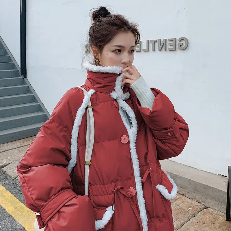

Photo Shoot Main Push CHIC Christmas Red Contrast Color Mid-length Handsome Stand Collar Drawstring Waist Hugging Single Breaste