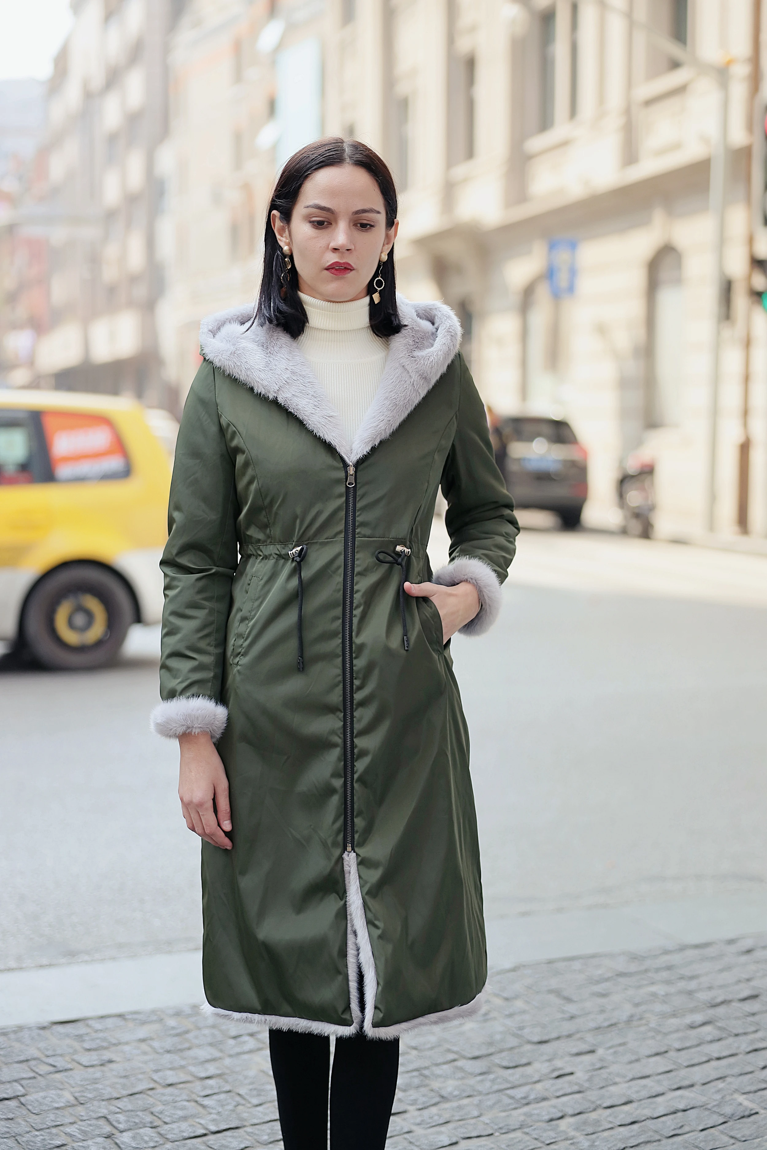 Haining новая норковая шуба в длинном меховом пальто с капюшоном Ника выше