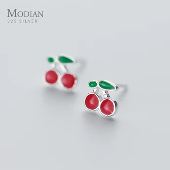 

Modian Cherry Enamel Fresh Earrings for Girls Women 925 Sterling Silver Stud Earing Female Studs Fashion Cute Jewelry