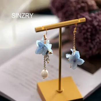 

SINZRY hot original natural pearl preserved flower asymmetric dangle earrings lady party jewelry gift