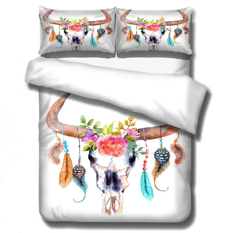 Boho постельный комплект с ловцом снов Племенной рога цветы пододеяльник
