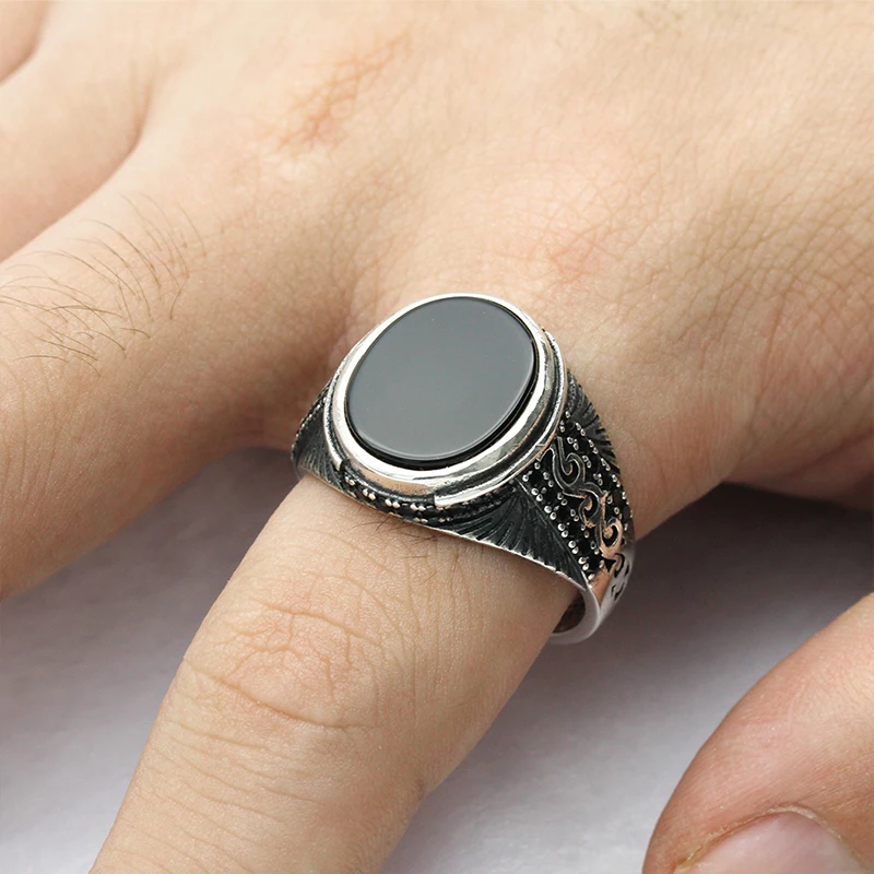Turkish 925 Sterling Silver Black Natural Agate Stone Garnet Men Ring Punk Silver Finger Rings for Man Fine Making Jewelry