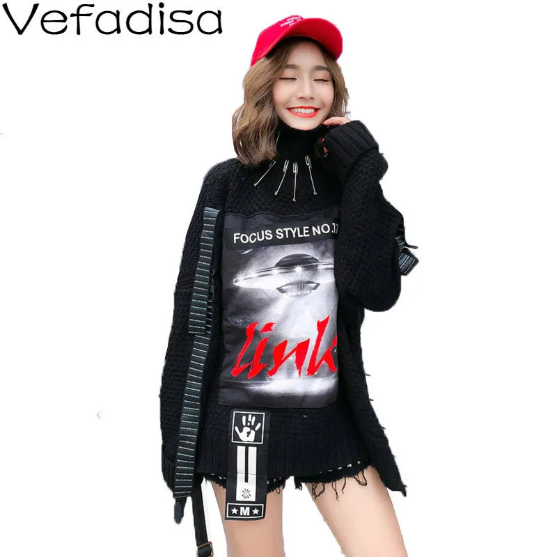 Vefadisa Women Black Turtleneck Printing Pin