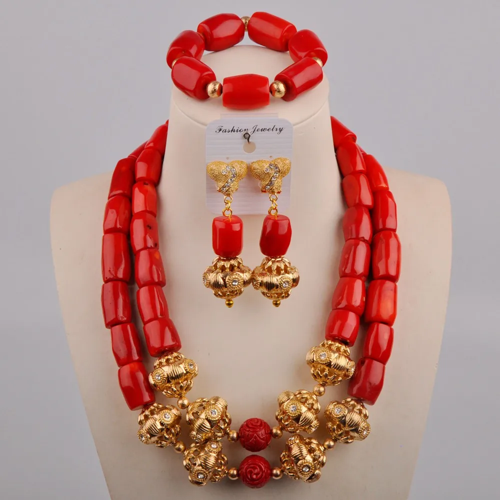 

Red Coral Beads Bridal Set African Wedding Coral Necklace Jewelry Set
