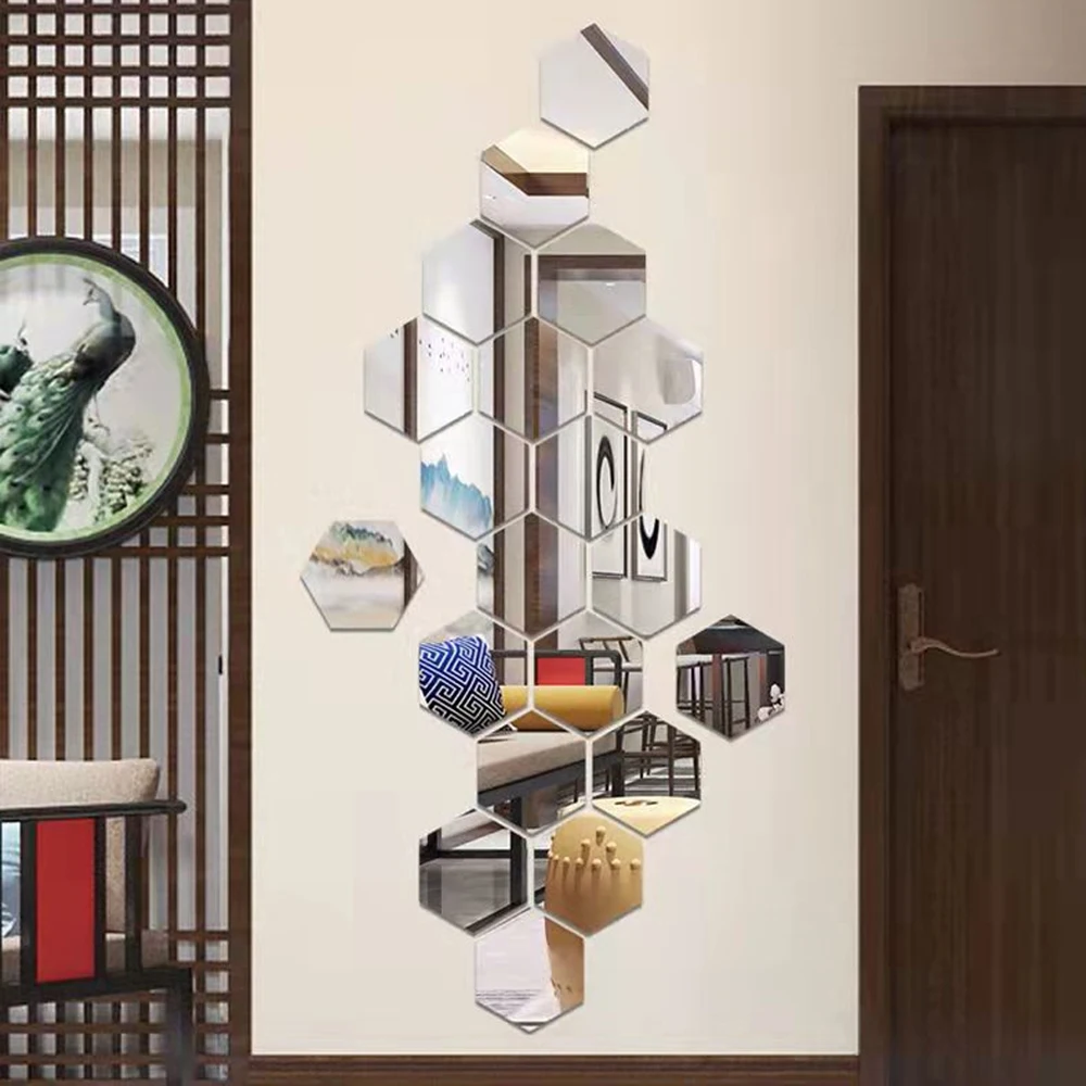12pcs 3D acrylic hexagonal mirror wall stickers detachable DIY art home decoration living room dining room wall stickers 5
