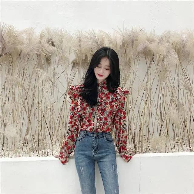 Women 2020 spring Vintage Floral Shirt Long Puff Sleeve Stanf Neck Blouse Single Breasted female Korean Elegant Blusas Tops 4