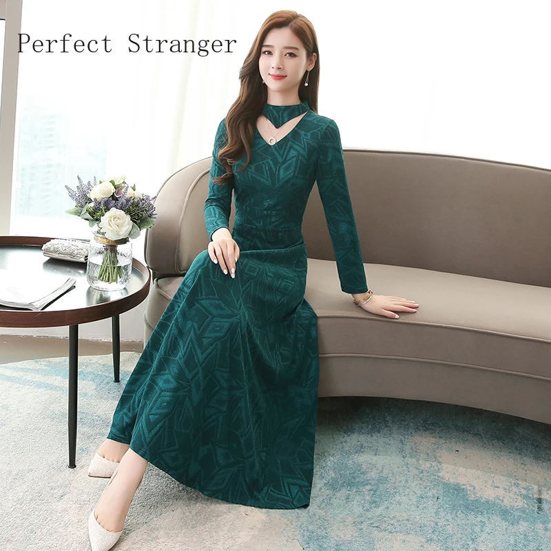 

2019Autumn Winter New Arrival Elegant V Collar Hollow-out Long Sleeve Woman Long Dress Plus Size M-4XL