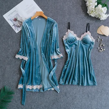 

Blue Female Kimono Bath Gown Soft Velour 2PCS Robe Suit Lougne Sleepwear Nightgown Casual Nightwear Night Dress Sexy Home Wear