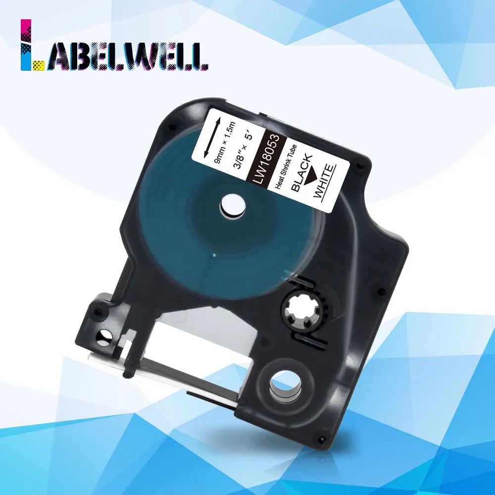 Labelwell-9mm 18053 산업용 열 수축 튜브 라벨 테이프 1 개, 흰색 바탕에 검은색 Dymo Rhino 5200 6000 4200 5000 호환