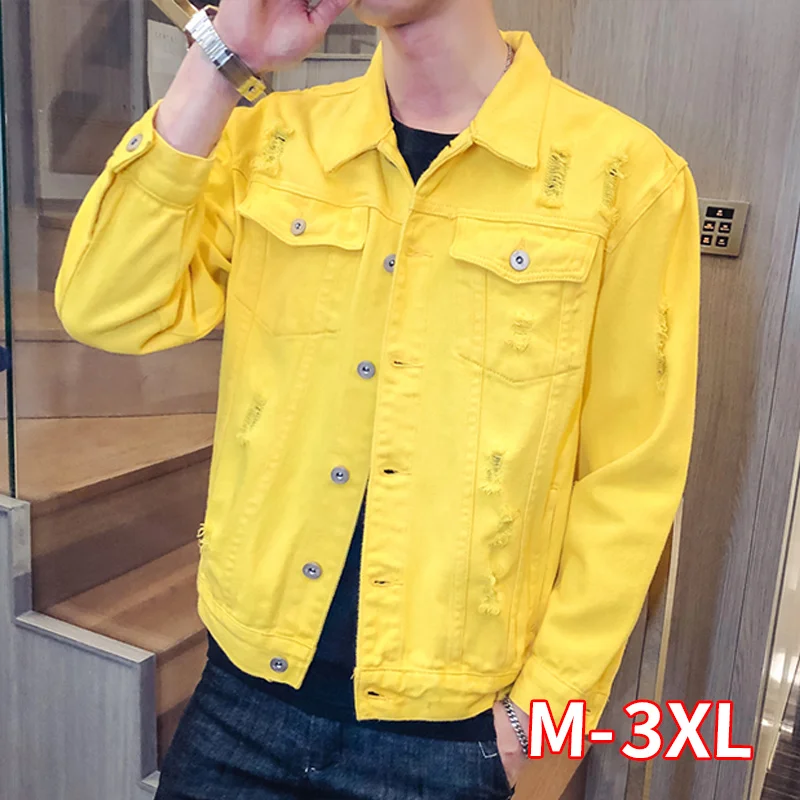 Men Casual Simple Loose Men Jacket Spring New Yellow Denim Jacket Holes Long Sleeve Hole Jeans Jacket Men Outwear Men Casual Simple Loose Men Jacket Spring New Yellow Denim Jacket Holes Long Sleeve Hole Jeans Jacket Men Outwear