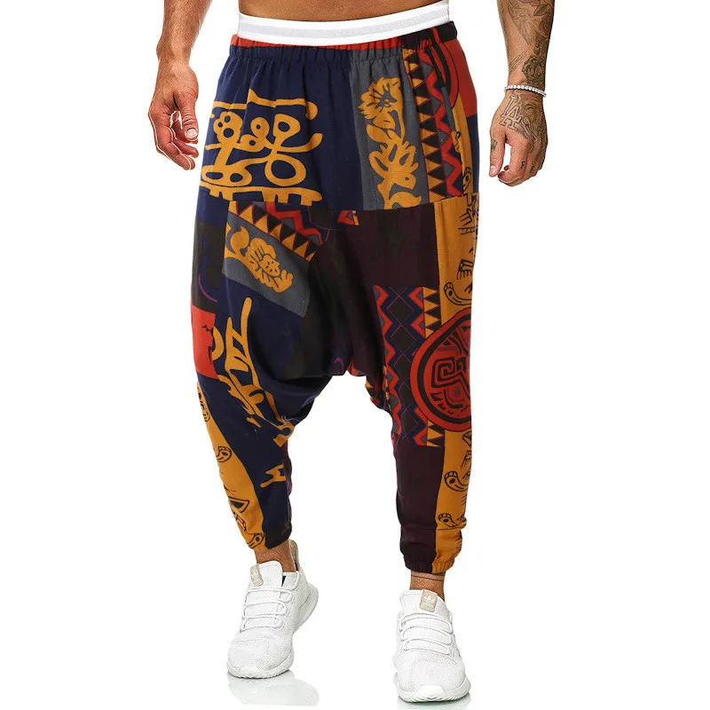 

2022 Summer Men Drop Crotch Cross-pants Mens Print Joggers Baggy Hiphop Trousers Male Streetwear Retro Linen Wide Leg Pants 3XL