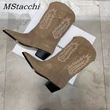 MStacchi г. Замшевые сапоги до середины икры телесного цвета с вышивкой женская обувь на толстом каблуке с острым носком женские теплые зимние сапоги рыцарские сапоги на плоской подошве