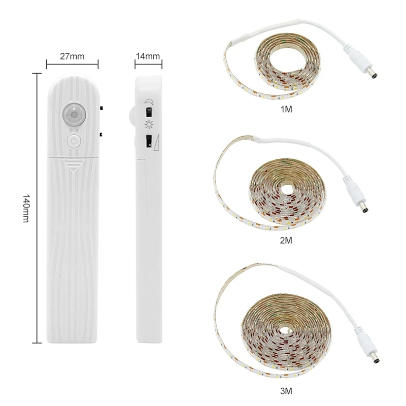 Датчик движения Pir, 60Led, Ночной светильник для шкафа, диммируемая гибкая светодиодная лента, лампа, питание от батареи типа ААА, для гардероба, лестницы, 1 м, теплый Whi