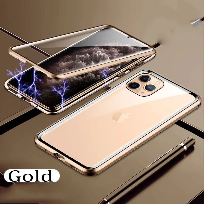 Роскошный 360 магнитный металлический чехол для телефона для IPhone 11 Pro X XR XS Max Магнитный чехол для IPhone 8 7 6S Plus двусторонний стеклянный чехол - Цвет: Gold