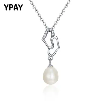 

YPAY Freshwater Pearl Heart Pendant Necklaces for Women 100% Pure 925 Sterling Silver Long Chain Colares CZ Fine Jewelry YMN002