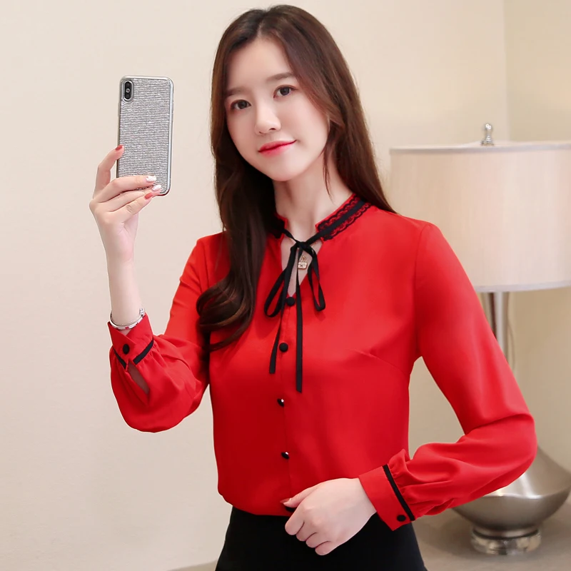 Блузы mujer de moda2019 Manga comprida OL шифоновые Блузы das mulheres Arco SOlido Suporte partes superiores das
