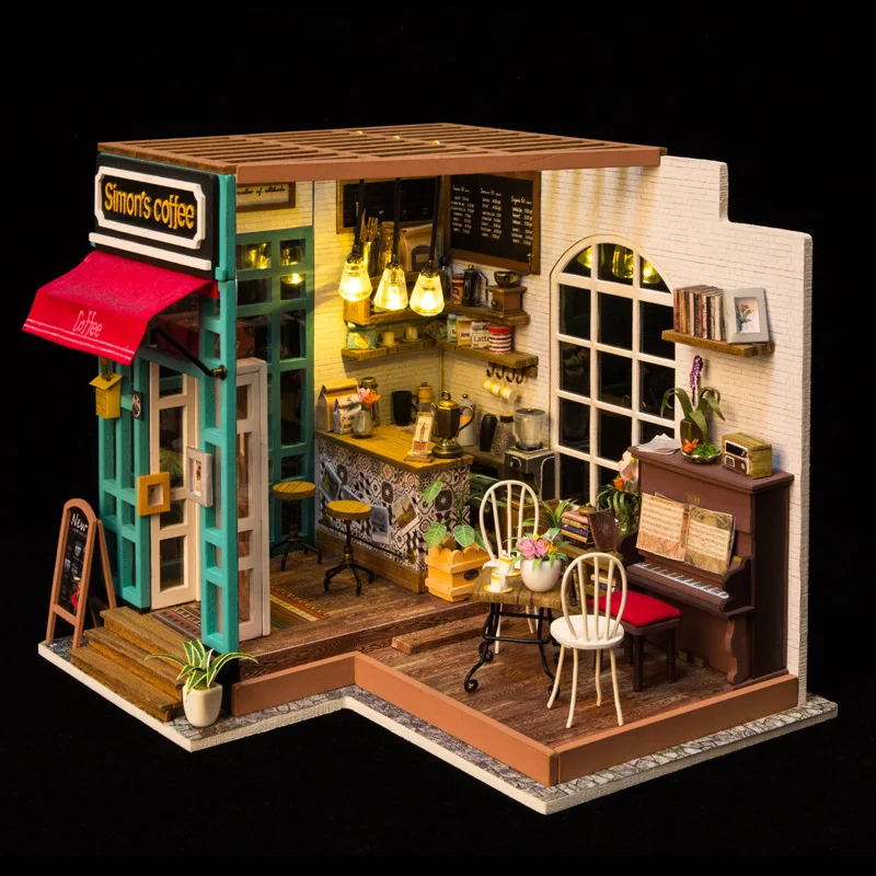 

Robotime Creative Gifts Handmade DIY Hut Assembled Model Simon Time Cafe Shop Light Included Christmas
