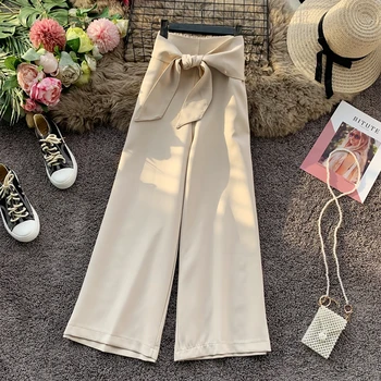 

Spring Summer 2020 New Korean Women Loose Bowknot Lace up Casual Wide-leg Pants Lady Fashion High waist Solid Nine points Pants